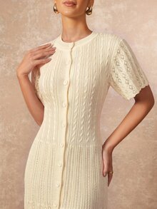 Lumalex 女款圓領短袖單排扣休閒杏色針織洋裝，適合日常外出、都市通勤、商務聚會與度假穿著 - 杏色 - 查看 2