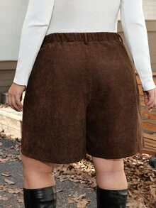 SHEIN LUNE Plus Size Casual Versatile Pocket Button Shorts For Daily Wear - Coffee Brown - View 3