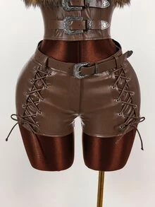 Amplova Women's Solid Color Tie-Up Design Casual Versatile Daily Wear Shorts - Brown - View 1