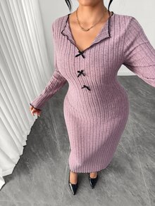 SHEIN Elenzya Plus Size Sexy Elegant Knit Bodycon Ribbed Long Sleeve Bow Collar Contrast Color Dress Fall - Pink - View 8
