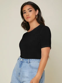 SHEIN BASICS 大尺碼純色圓領T恤夏季上衣 - 黑色 - 查看 4