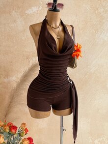 Soleia Women's Casual Brown Jumpsuit Summer Set, Paired With Gold Accessories, Suitable For Vacation, Beach Holiday And Other Occasions. - Brown - View 1