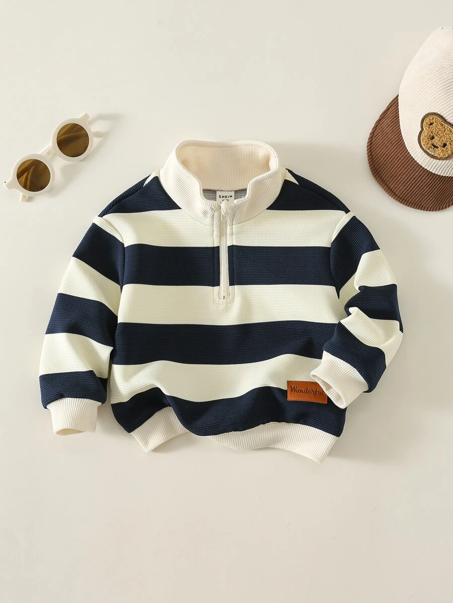 SHEIN Baby Boy Striped Pattern Knitted Soft Round Neck Long Sleeve Half-Zip Pullover Sweatshirt, Versatile And Comfortable - Multicolor - View 1