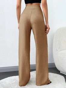 SHEIN Plus Size Women's Solid Slant Pocket Straight Leg Casual Racing Pants Office Brunch Brown Summer - Camel - View 2