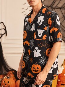 Provexi Provexi Halloween Men's Lapel Collar Open Front Short Sleeve Shorts Pajama Set - Multicolor - View 5
