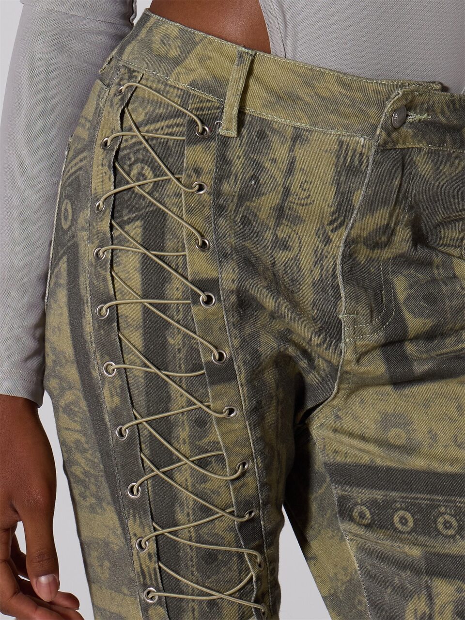 Green Snake Print Denim Low Rise Lace Up Pants