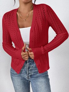 SHEIN Frenchy 女款純色長袖單排扣鏤空針織開襟衫 - 紅色 - 查看 4