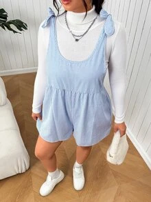 SHEIN EZwear 大尺碼女款條紋肩結休閒連身短褲 - 藍白色 - 查看 6