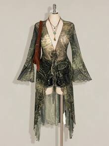 SHEIN ICON 女款大尺碼佩斯利印花前綁帶喇叭袖上衣 - 軍綠色 - 查看 1