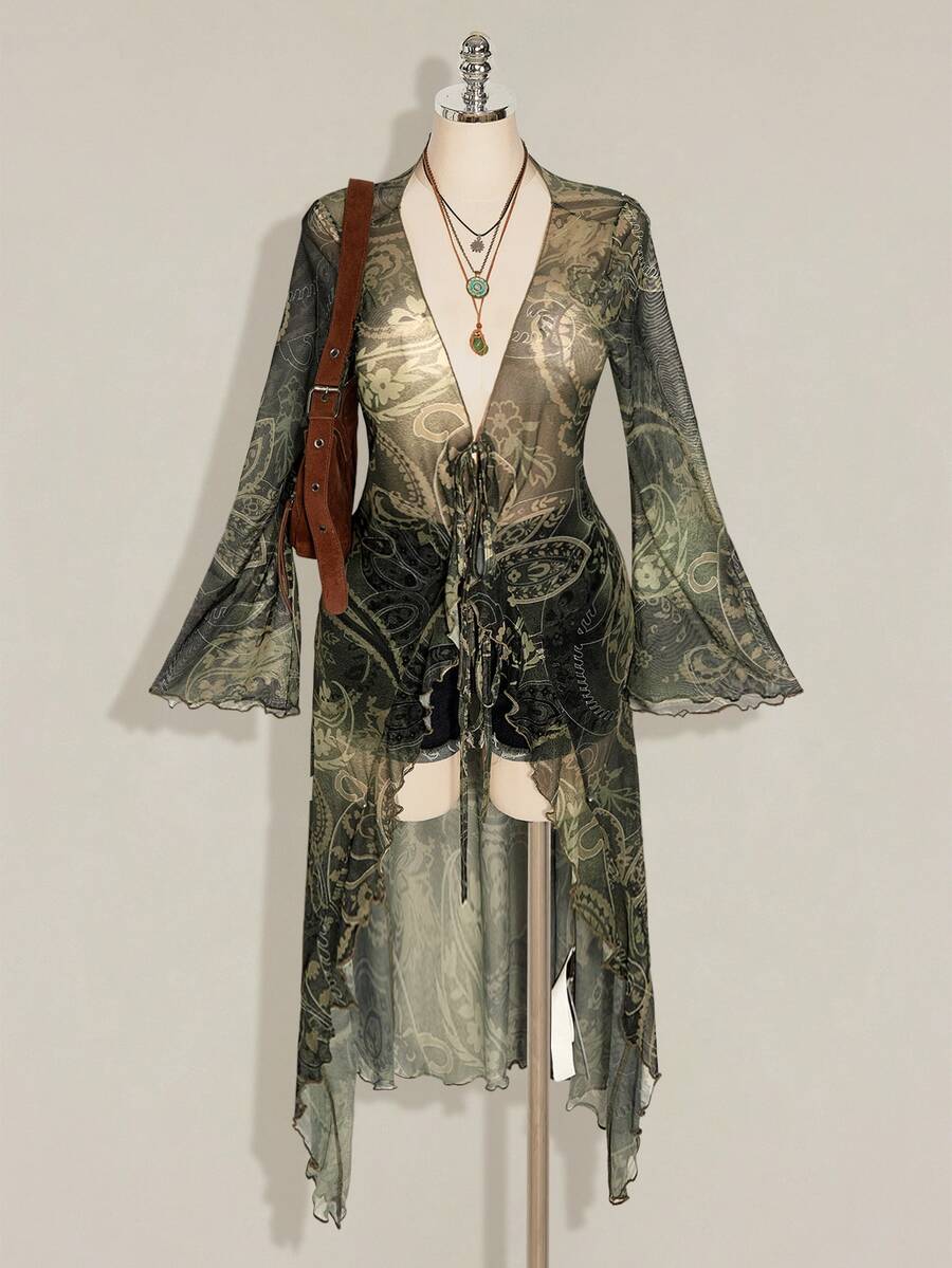 SHEIN ICON 女款大尺碼佩斯利印花前綁帶喇叭袖上衣 - 軍綠色 - 查看 1