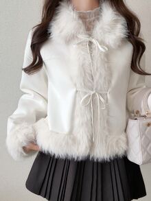 FRIFUL Women's Patchwork Fur Front Tie Long Sleeve Elegant Jacket - Beige - View 6