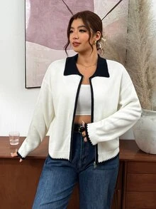 Lounesse Plus Size Women's Colorblock Zipper Casual Versatile Daily Wear Cardigan - White - View 6