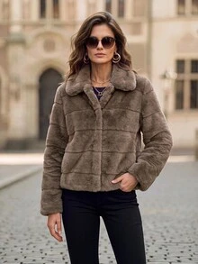 EMERY ROSE Mantel Bulu Imitasi Wanita Lengan Panjang Warna Polos dengan Kerah - Khaki - View 3