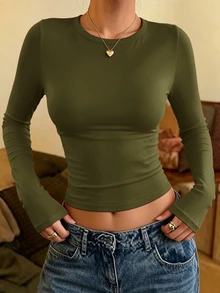 INAWLY Solva 女款純色圓領長袖修身休閒百搭T恤 - 綠色 - 查看 2