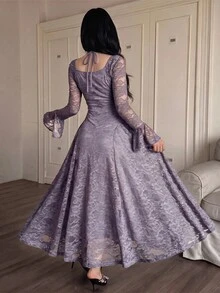 Feyla 女款優雅純色蕾絲洋裝 - 紫色 - 查看 2