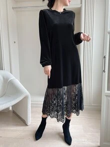 Dazy Tall Women's Round Neck Lace Patchwork Velvet Long Elegant Dress Fall - Black - View 6