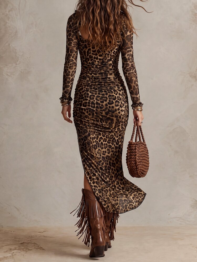 Solivie Women's Autumn Leopard Print Fitted Asymmetrical Hem Dress - Camel - View 2