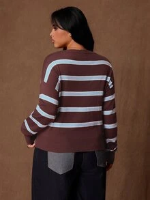 Rustia Plus Size Autumn/Winter Casual Colorblock Striped Sweater - Multicolor - View 2