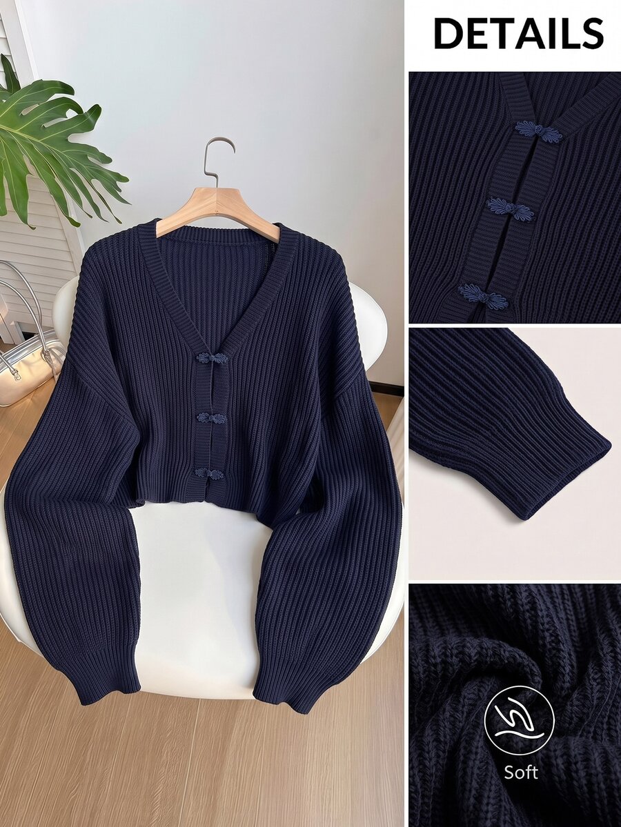 GalTyme Plus Size Women Solid Color Long Sleeve Frog Button Design Casual Knit Cardigan - Blue - View 1
