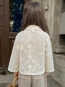 Dazy Kids 女童（小號）領口短袖紋理鏤空設計T恤 - 米色 - 查看 4