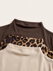 SHEIN LUNE 女款立領長袖修身休閒百搭T恤 - 棕色 - 查看 4