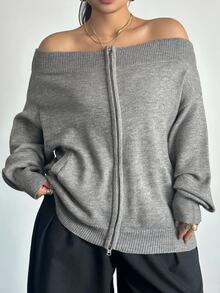 POPSWAY Plus Size Women's Off-Shoulder Long Sleeve Zipper Front Knit Cardigan Fall - Grey - View 3