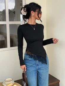 Serisse Women's Solid Color Round Neck Long Sleeve Contrast Lace Asymmetric Hem Slim Fit T-Shirt - Black - View 6