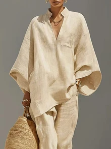 Linhara CURVE Women's Khaki V-Neck Loose 3/4 Sleeve Top, Suitable For Daily Commute, Elegant Gathering, Valentine's Day, Casual Wear, Khaki Shirt, Women's Vacation Outfit, Beach Holiday, Vacation Commute Wear, Summer, Spring, Autumn, Plus Size Shirt - Khaki - View 1