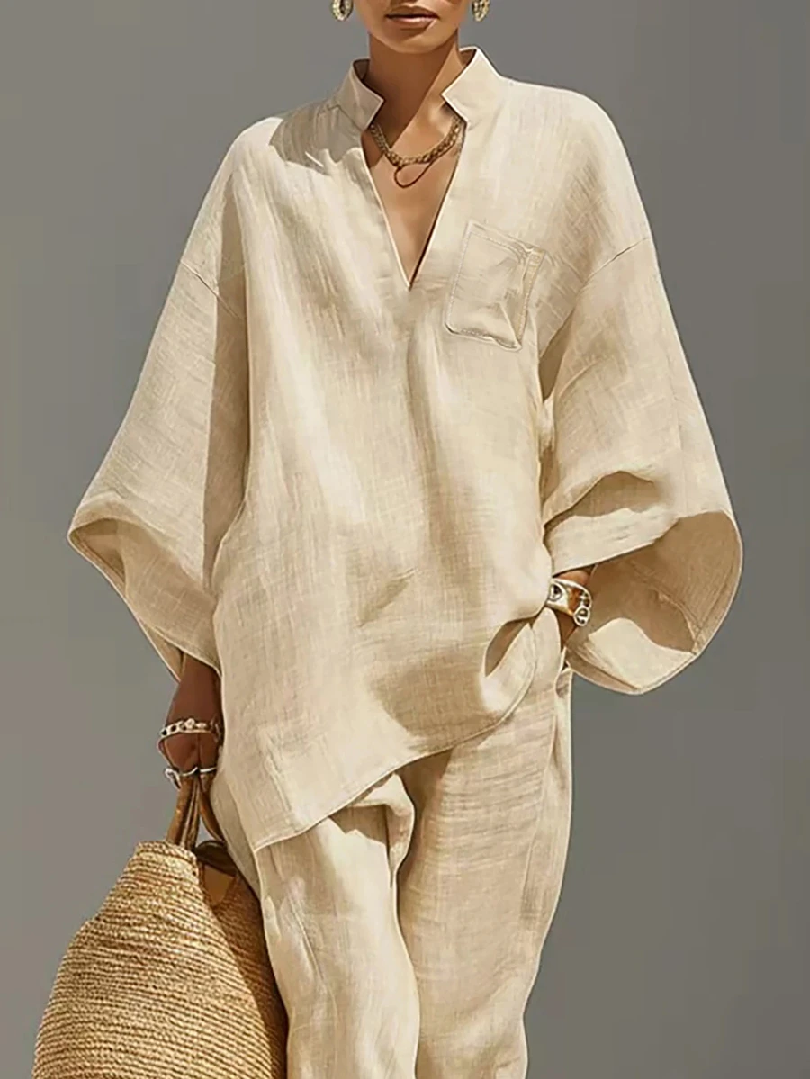 Linhara CURVE Women's Khaki V-Neck Loose 3/4 Sleeve Top, Suitable For Daily Commute, Elegant Gathering, Valentine's Day, Casual Wear, Khaki Shirt, Women's Vacation Outfit, Beach Holiday, Vacation Commute Wear, Summer, Spring, Autumn, Plus Size Shirt - Khaki - View 1
