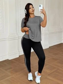 SHEIN Rhythm Era 大尺碼女款圓領短袖T恤與高腰運動緊身褲套裝 - 彩色 - 查看 4