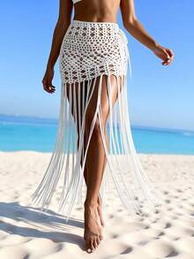Swim SXY Women's Solid Color Hollow Out Tassel Hem Cover-Up Skirt For Vacation - White - View 6
