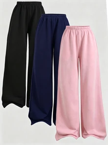 SHEIN Girlism 青少年女孩 3件組 針織寬腿時尚印花長褲 簡約系列 3件裝 日常百搭 適合休閒運動校園 黑色 - 彩色 - 查看 5
