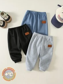SHEIN 3件組嬰兒男童女童裝飾貼布保暖內裡加厚彈性腰舒適百搭長褲，適合秋冬穿著 - 彩色 - 查看 4