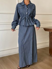 Livesso Tall 女款藍白條紋寬鬆夾克與裙子休閒兩件式牛仔套裝，適合日常秋季穿著 - 中等水洗藍 - 查看 5