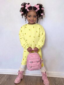 青少年女孩復古甜美度假風檸檬黃迷你檸檬印花圓領休閒落肩衛衣與修身打底褲兩件套，街頭復古風，舒適好穿，兒童秋季疊穿，Y2K運動套裝，適合外出、街頭風、校園、休閒穿搭 - 彩色 - 查看 4