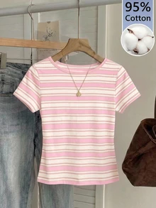 Tseoso 女款 95% 棉藍白條紋 T-shirt，夏季街頭風，軟妹風，適合祭典、約會、居家 - 彩色 - 查看 7