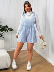 SHEIN EZwear 大尺碼女款條紋肩結休閒連身短褲 - 藍白色 - 查看 4