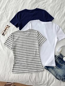 Tseoso 女款 3 件組 95% 棉圓領短袖修身 T-shirt – 黑色、白色與灰色條紋 - 彩色 - 查看 2