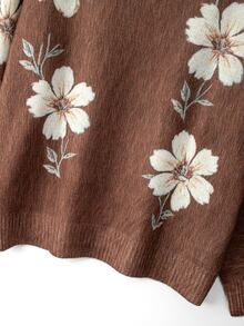EMERY ROSE Plus Size Casual Floral Print Round Neck Drop Shoulder Long Sleeve Pullover Sweater Winter - Coffee Brown - View 5