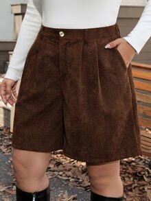 SHEIN LUNE Plus Size Casual Versatile Pocket Button Shorts For Daily Wear - Coffee Brown - View 7