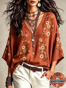 Glimmora 波希米亞風仿刺繡花卉印花女款上衣，寬鬆V領蝙蝠袖七分袖修身上衣，休閒度假旅行襯衫，適合鄉村與海灘 - 彩色 - 查看 1