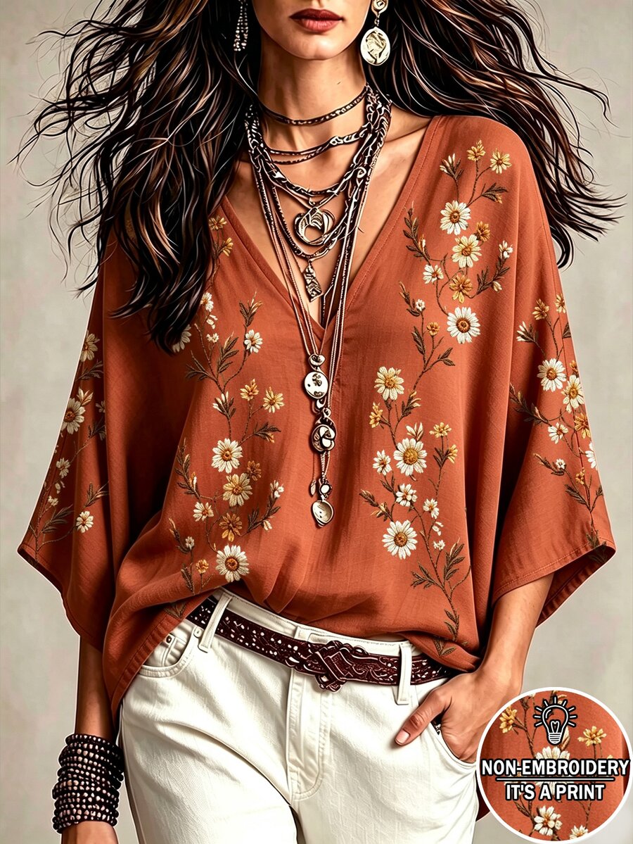 Glimmora 波希米亞風仿刺繡花卉印花女款上衣,寬鬆V領蝙蝠袖七分袖修身上衣,休閒度假旅行襯衫,適合鄉村與海灘 - 彩色 - 查看 1
