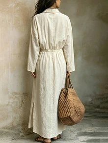 SHEIN Women's Cotton Blend Beige Collar V-Neck Drawstring Split Shirt Maxi Dress, Minimalist Dress For Spring Fall Casual Daily Wear - Apricot - View 2