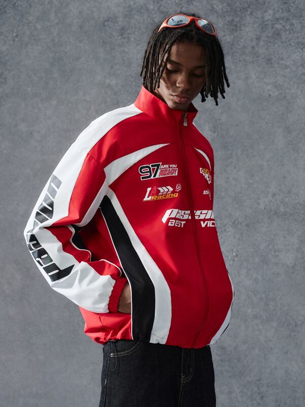 PAVTROS Men's Street Racing Style Jacket, Red Printed Jacket, Autumn Collection