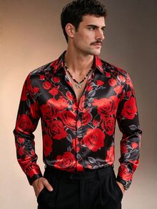 ZURIURI Men's Red Rose Loose Fashion Long Sleeve Shirt - Multicolor - View 4