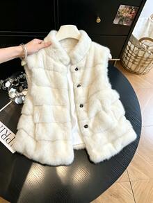GlowEve Women's Autumn/Winter Sleeveless Faux Fur Jacket Dinner Going Out White Elegant - Beige - View 3
