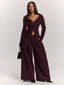 SHEIN BAE 女款純色口袋百褶寬腿寬鬆西裝長褲 - 紫紅色 - 查看 1