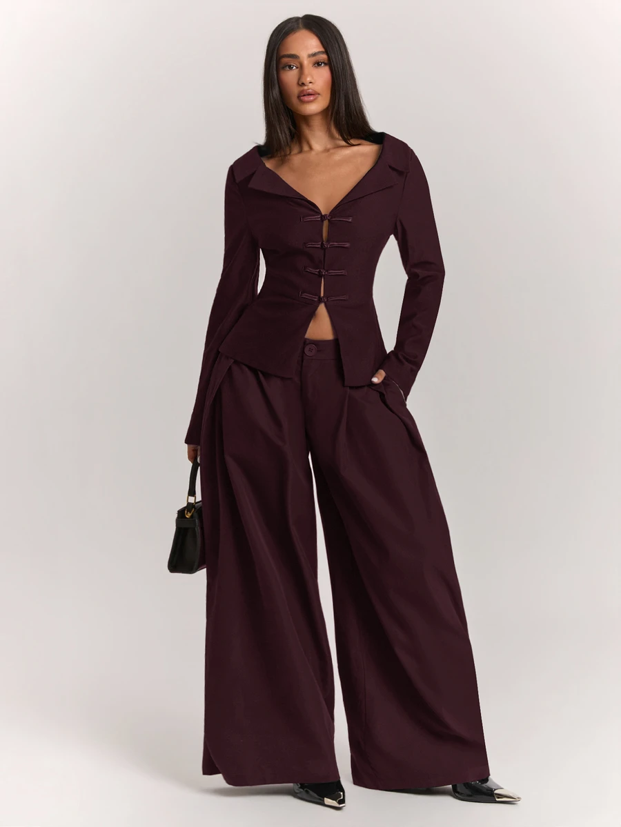 SHEIN BAE 女款純色口袋百褶寬腿寬鬆西裝長褲 - 紫紅色 - 查看 1