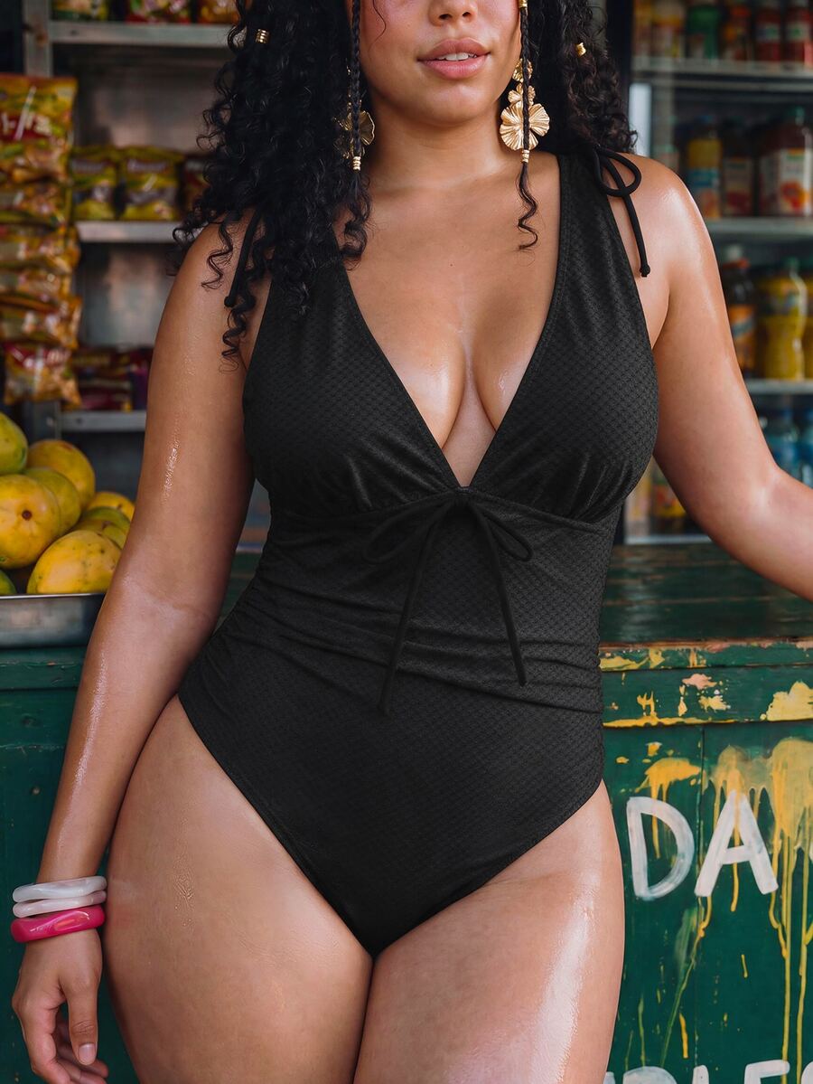 Swim Mod Plus Size Sexy Strappy One-Piece Swimsuit For Vacation - Black - View 1