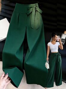 Selianne Calça Longa Feminina Premium Vintage Elegante com Amarração na Cintura, Leve, Luxuosa, Casual e Versátil, para Trabalho, Escritório, Viagem e Estilo Francês Chic - Verde Escuro - Visão 1